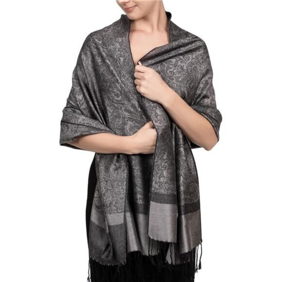 Two-Tone  Paisley Pashmina Scarf – Lightweight Grey - Picture 1 of 6